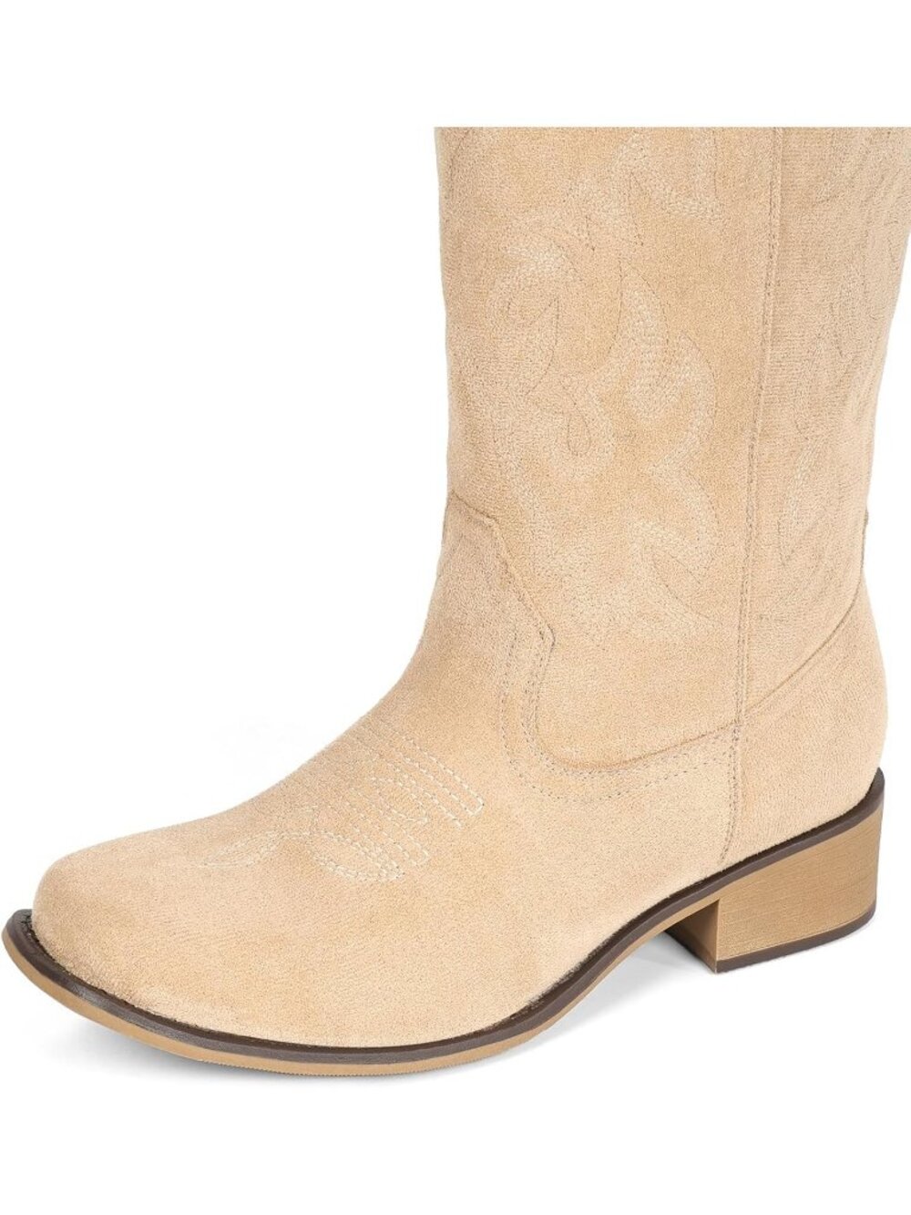 Women Suede Beige Square Toe Mid Calf Embroidered Western Low Heel Cowboy Boots - Picture 5 of 5